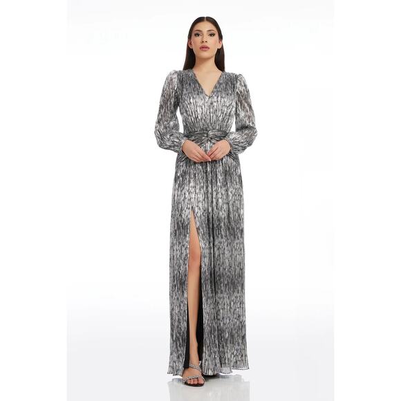 Dress The Population Cia Metallic Long Sleeve Maxi Dress Silver Black NWOT Large - Picture 1 of 9